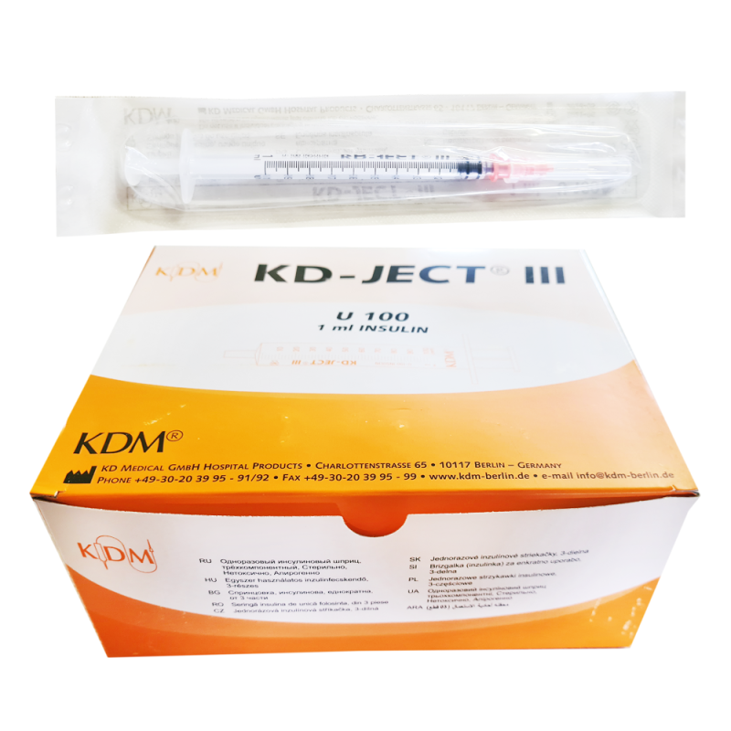 Strzykawka insulinowa z igłą wtopioną 1ml U-100 G29 (0,33X12,7) KD-JECT III 100szt