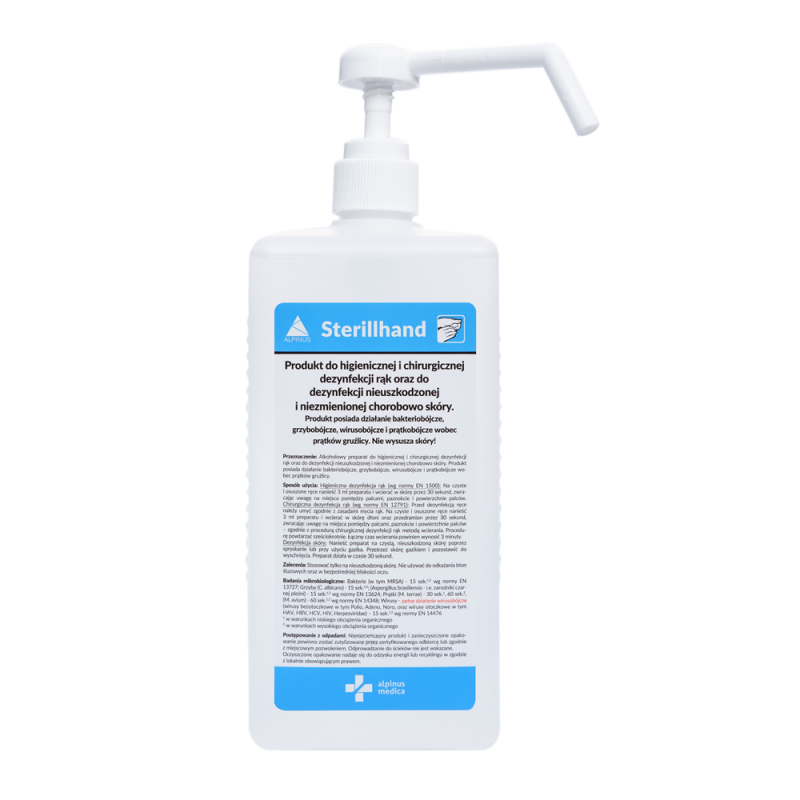 Płyn Sterillhand do higienicznej i chirurgicznej dezynfekcji rąk i skóry 1l z pompką 16op