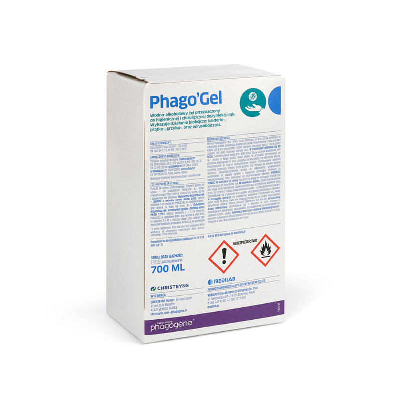 Wodno-alkoholowy żel do higienicznej i chirurgicznej dezynfekcji rąk PhagoGel 700ml