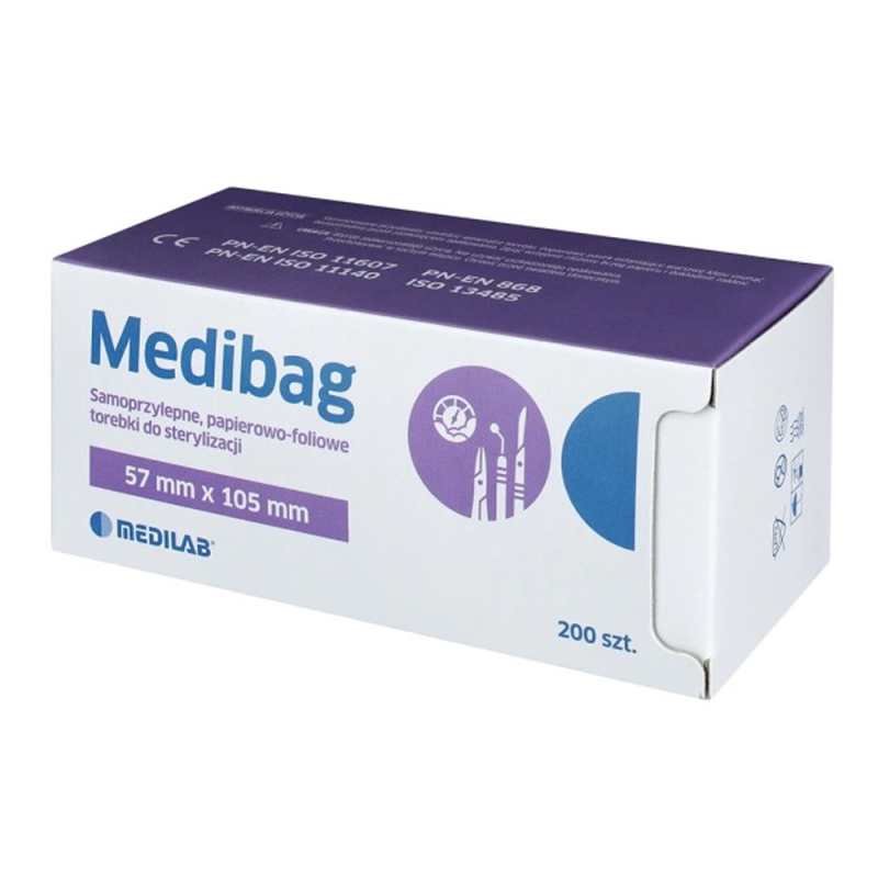 Samoprzylepne torebki do sterylizacji MediBag 57mm x 105mm płaskie, papierowo-foliowe 200szt