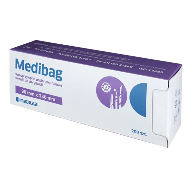 Samoprzylepne torebki do sterylizacji MediBag 90mm x 230mm płaskie, papierowo-foliowe 200szt