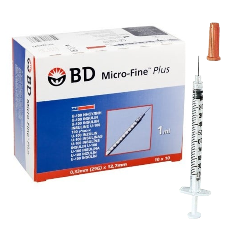 Strzykawka insulinowa z igłą wtopioną 1ml U-100 G29 (0,33X12,7) BD Micro Fine Plus 100szt