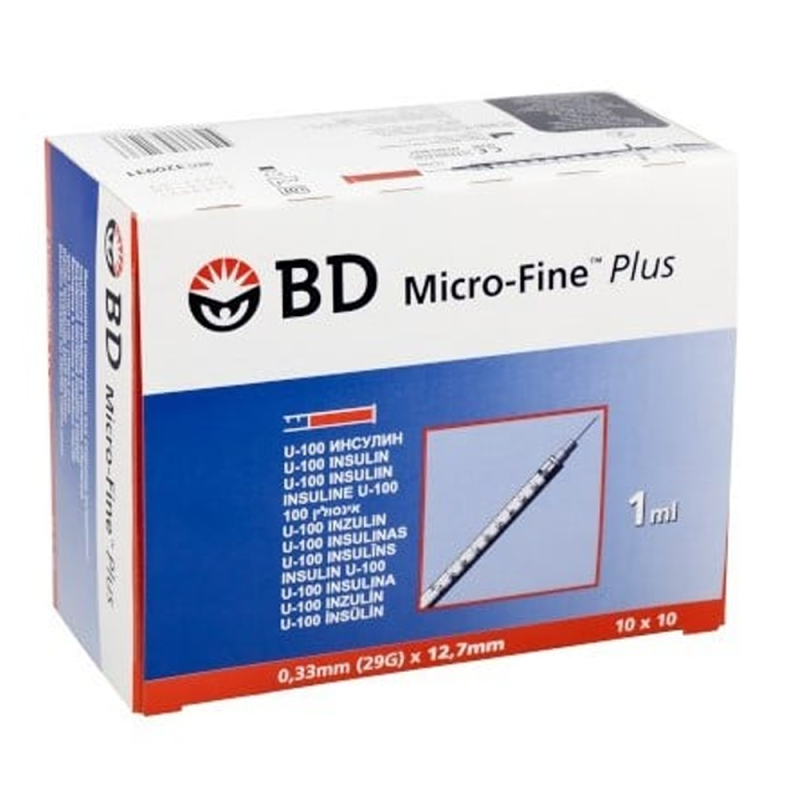 Strzykawka insulinowa z igłą wtopioną 1ml U-100 G29 (0,33X12,7) BD Micro Fine Plus 100szt