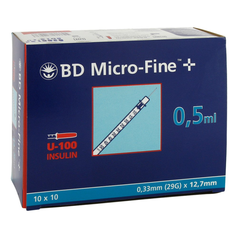 Strzykawka insulinowa z igłą wtopioną 0,5ml U-100 G29 (0,33X12,7) BD Micro Fine Plus 100szt