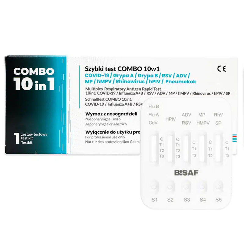 Combo test 10w1 grypa A+B / hMPV / SARS-COV / RSV / ADV / RhV / PIV / Mycoplasma / Pneumokoki 1szt