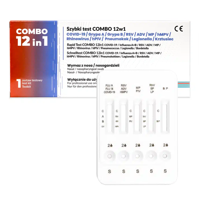 Combo test 12w1 grypa A+B / hMPV / SARS-COV / RSV / ADV / RhV / PIV / Mycoplasma / Pneumokoki / Krztusiec / Legionella1szt