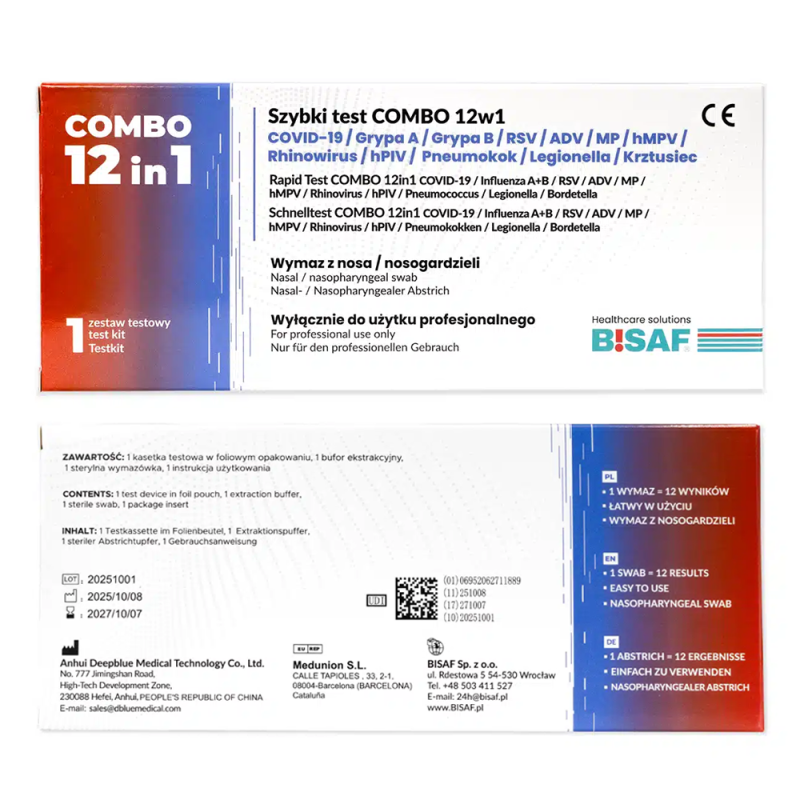 Combo test 12w1 grypa A+B / hMPV / SARS-COV / RSV / ADV / RhV / PIV / Mycoplasma / Pneumokoki / Krztusiec / Legionella1szt