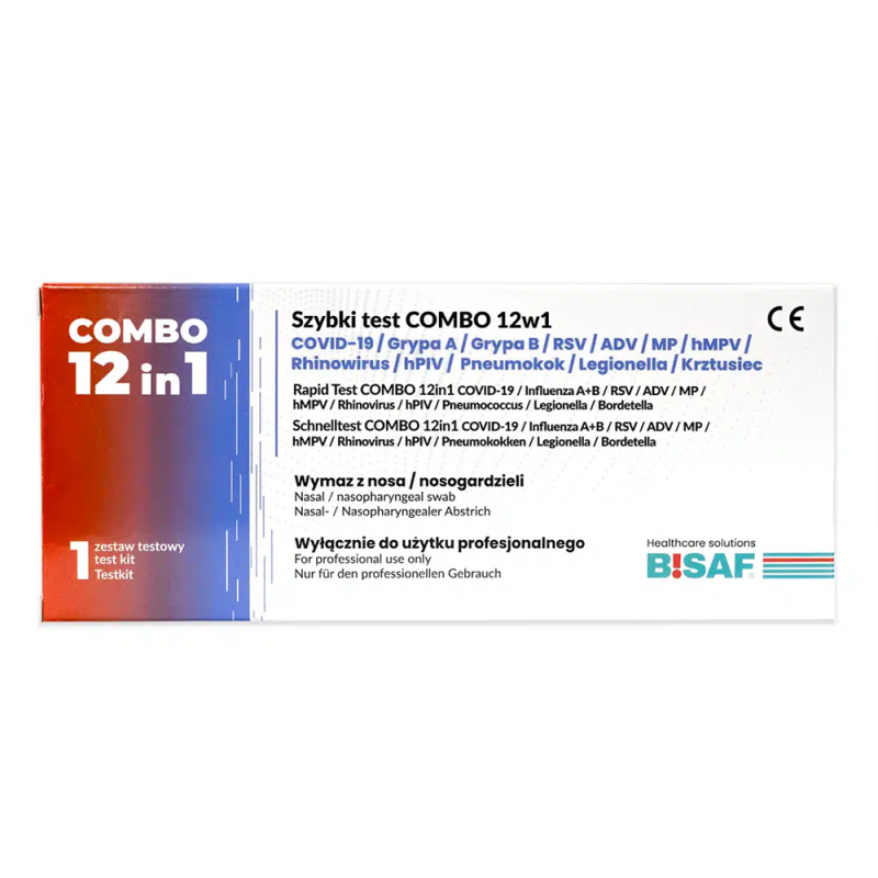 Combo test 12w1 grypa A+B / hMPV / SARS-COV / RSV / ADV / RhV / PIV / Mycoplasma / Pneumokoki / Krztusiec / Legionella1szt
