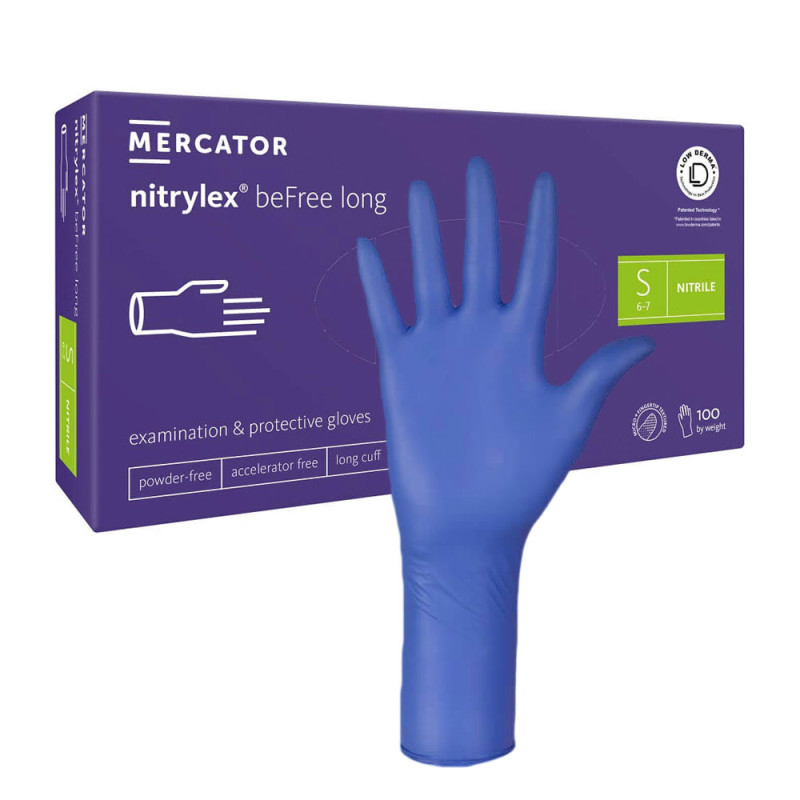 Rękawiczki nitrylowe S niebieskie Mercator nitrylex beFree long 100szt