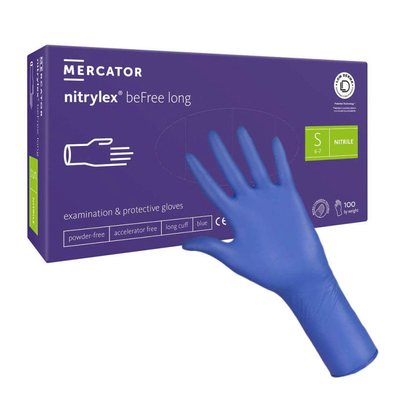 Rękawiczki nitrylowe S niebieskie Mercator nitrylex beFree long 100szt