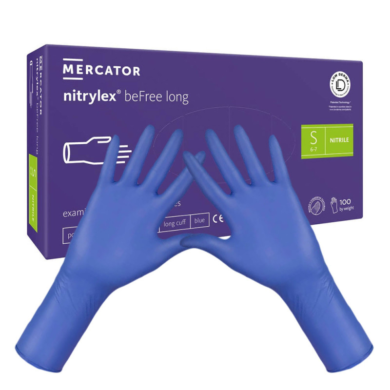 Rękawiczki nitrylowe S niebieskie Mercator nitrylex beFree long 100szt