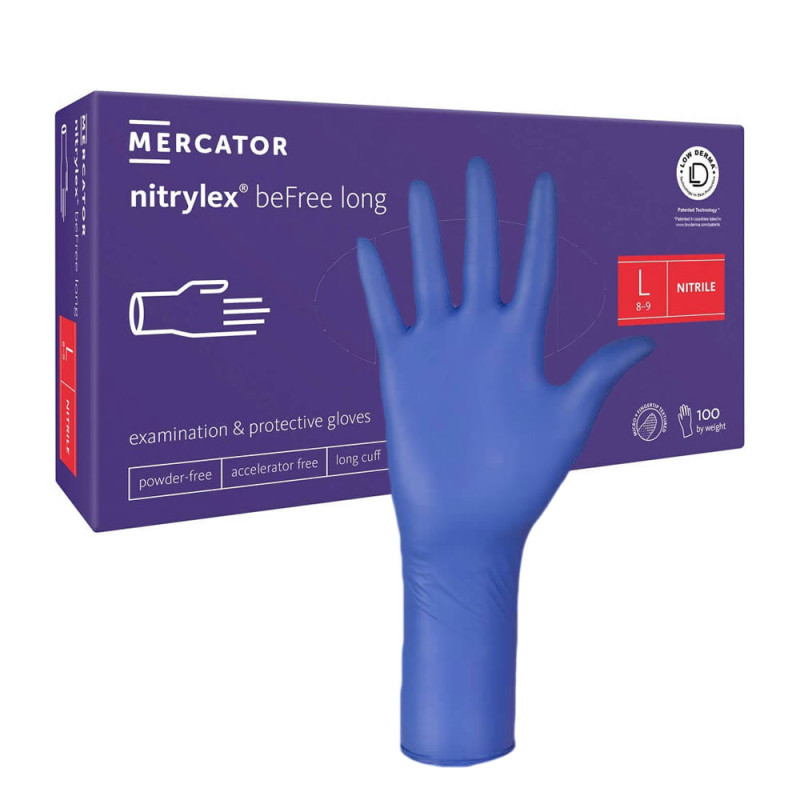 Rękawiczki nitrylowe L niebieskie Mercator nitrylex beFree long 100szt