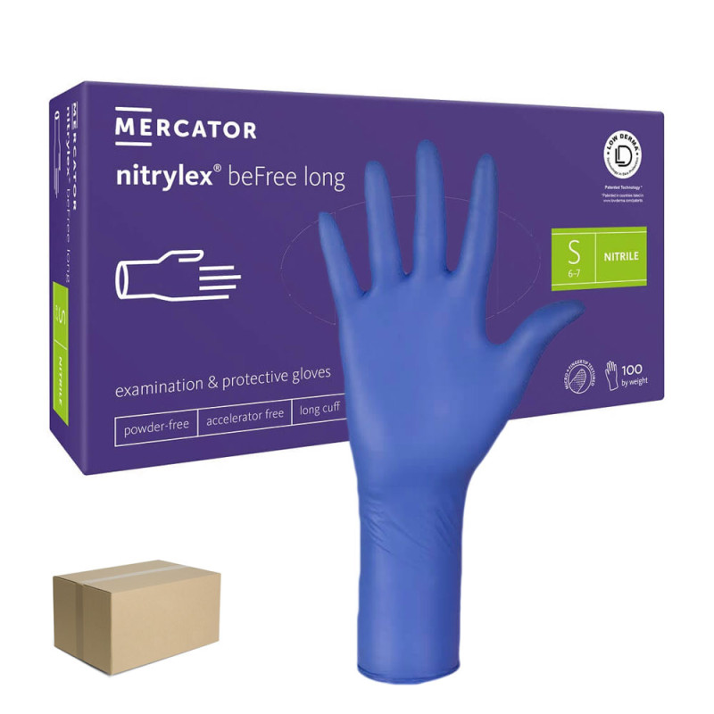 Rękawiczki nitrylowe S niebieskie Mercator nitrylex beFree long 100szt karton 10op