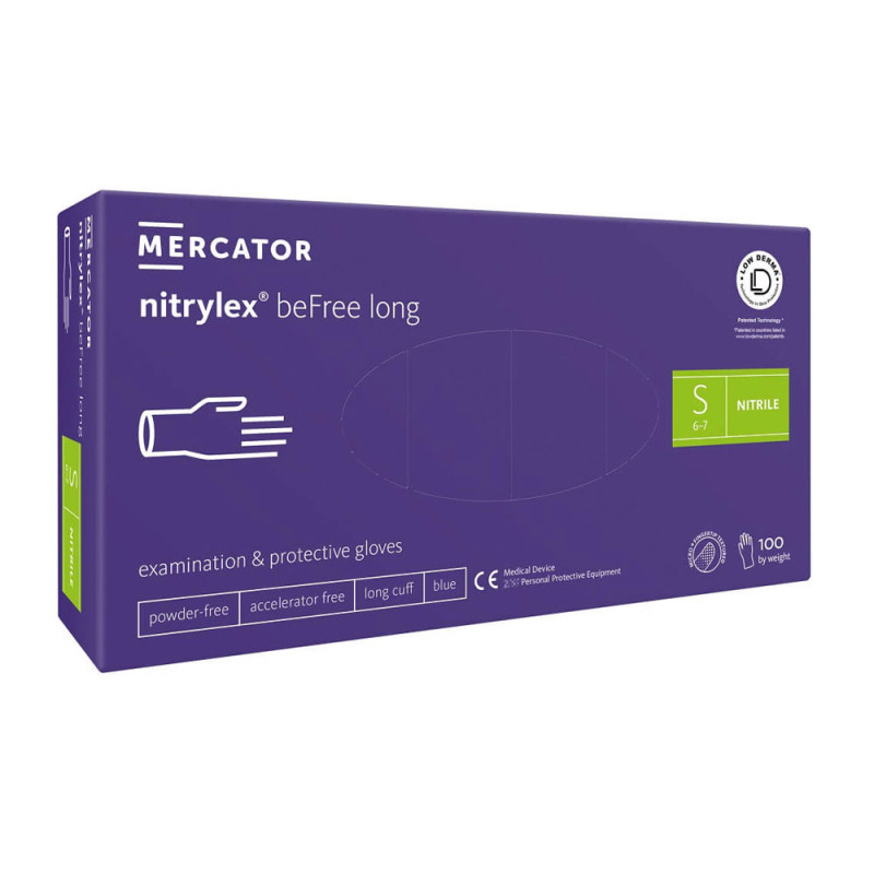 Rękawiczki nitrylowe S niebieskie Mercator nitrylex beFree long 100szt karton 10op