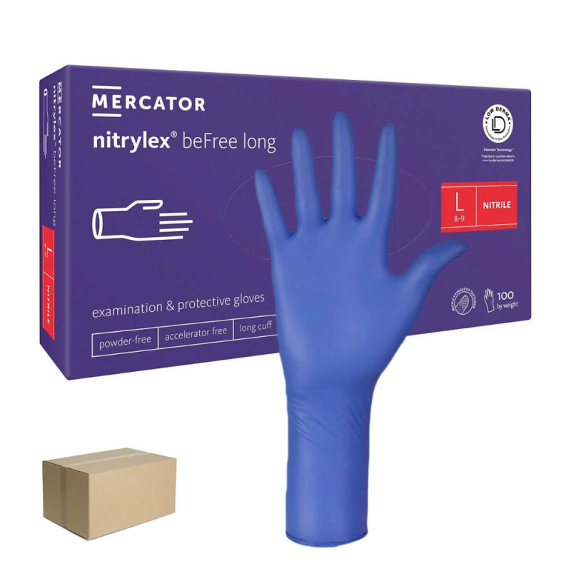 Rękawiczki nitrylowe L niebieskie Mercator nitrylex beFree long 100szt karton 10op