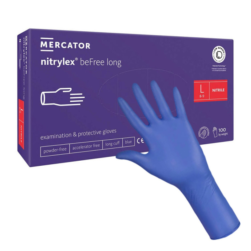 Rękawiczki nitrylowe L niebieskie Mercator nitrylex beFree long 100szt karton 10op