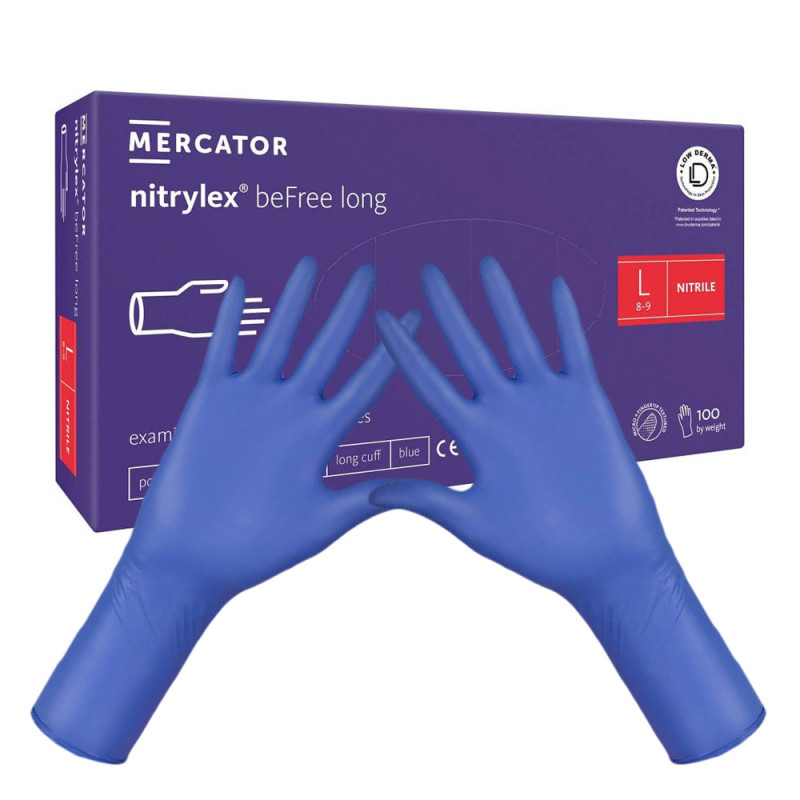 Rękawiczki nitrylowe L niebieskie Mercator nitrylex beFree long 100szt karton 10op