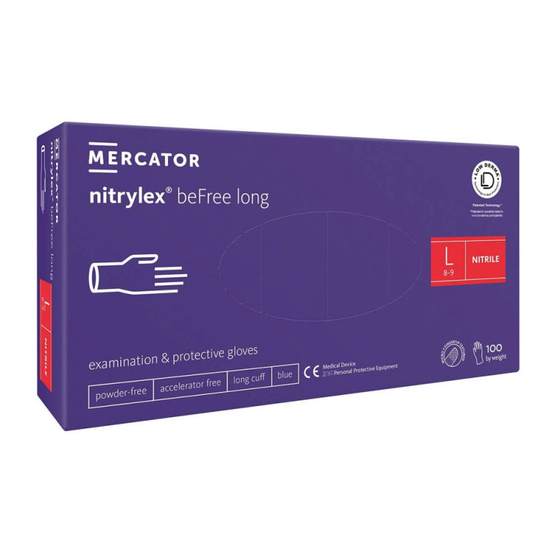Rękawiczki nitrylowe L niebieskie Mercator nitrylex beFree long 100szt karton 10op