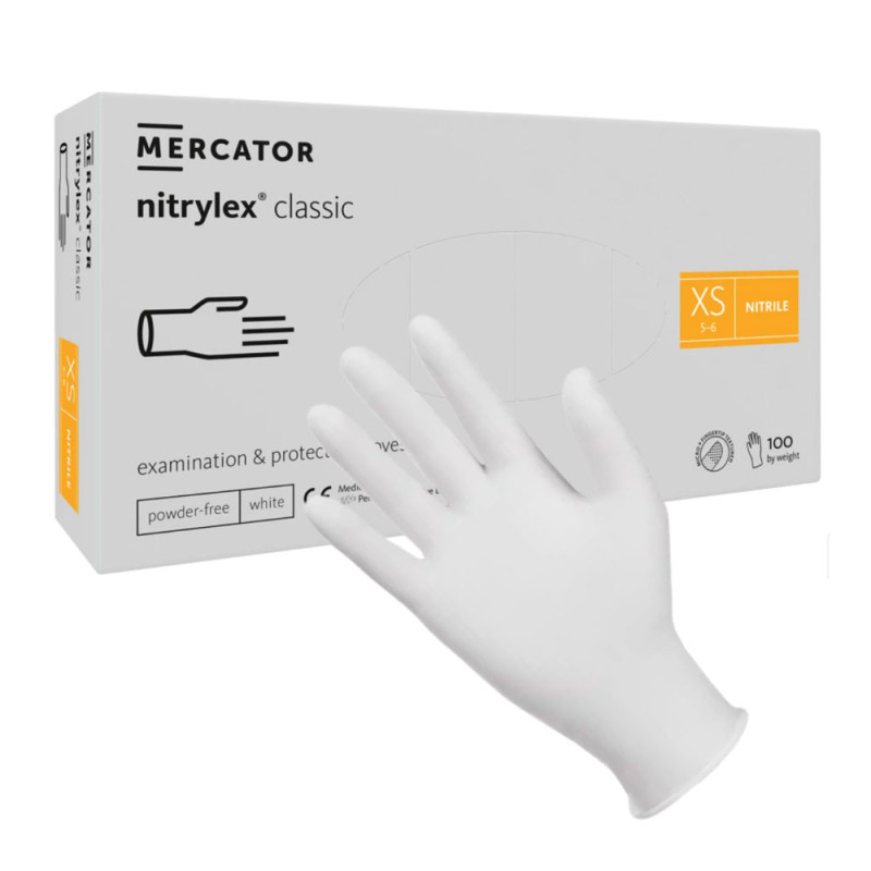 Rękawiczki nitrylowe XS białe Mercator Nitrylex Classic white 100szt karton 10op