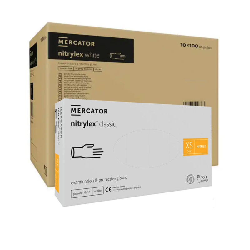 Rękawiczki nitrylowe XS białe Mercator Nitrylex Classic white 100szt karton 10op