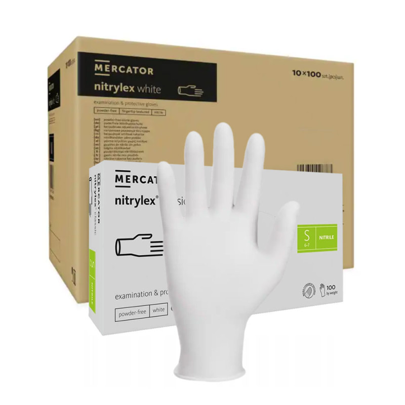 Rękawiczki nitrylowe S białe Mercator Nitrylex Classic white 100szt karton 10op