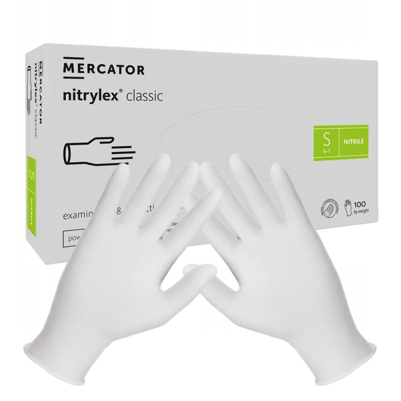 Rękawiczki nitrylowe S białe Mercator Nitrylex Classic white 100szt karton 10op