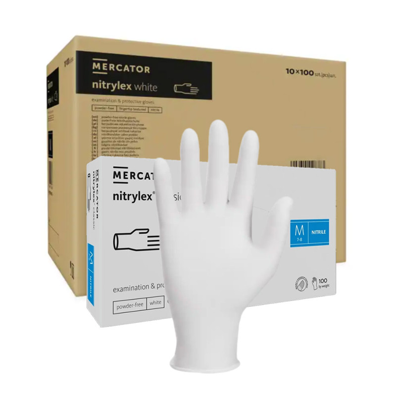 Rękawiczki nitrylowe M białe Mercator Nitrylex Classic white 100szt karton 10op
