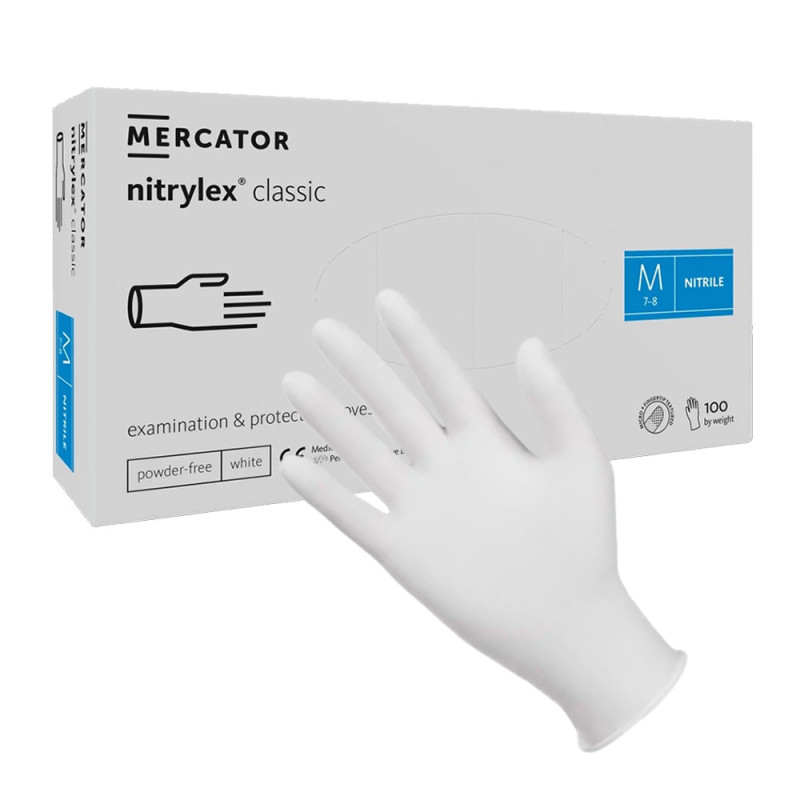 Rękawiczki nitrylowe M białe Mercator Nitrylex Classic white 100szt karton 10op