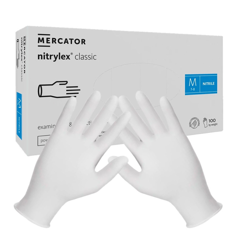 Rękawiczki nitrylowe M białe Mercator Nitrylex Classic white 100szt karton 10op