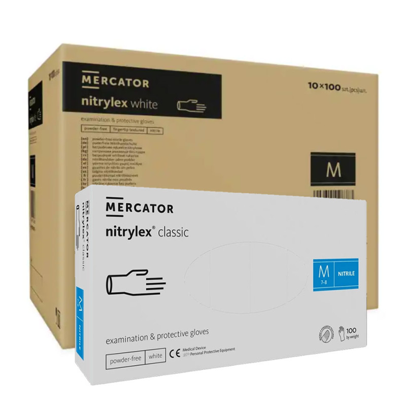 Rękawiczki nitrylowe M białe Mercator Nitrylex Classic white 100szt karton 10op