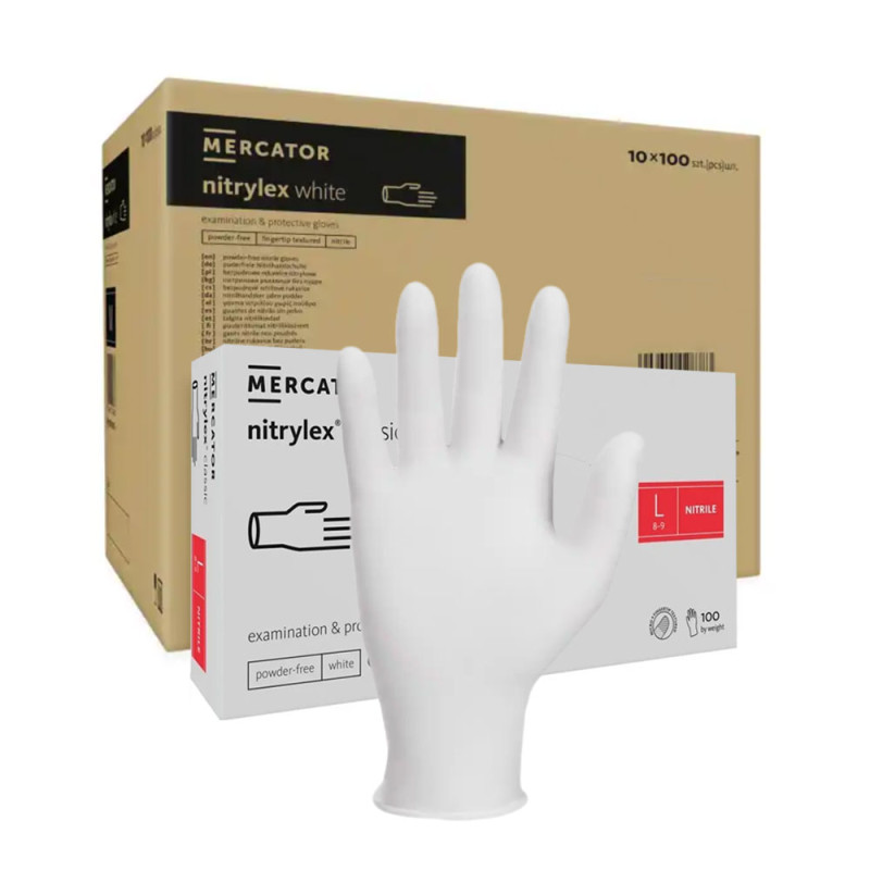 Rękawiczki nitrylowe L białe Mercator Nitrylex Classic white 100szt karton 10op