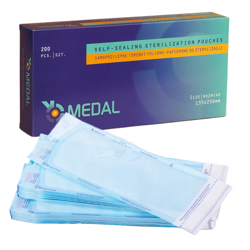 Samoprzylepne torebki do sterylizacji 135mm x 250mm płaskie, papierowo-foliowe 200szt