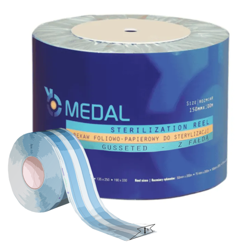 Rękaw do sterylizacji z fałdą 150mm x 100m 3 indykatory STEAM EO FORM papierowo-foliowe 1rolka