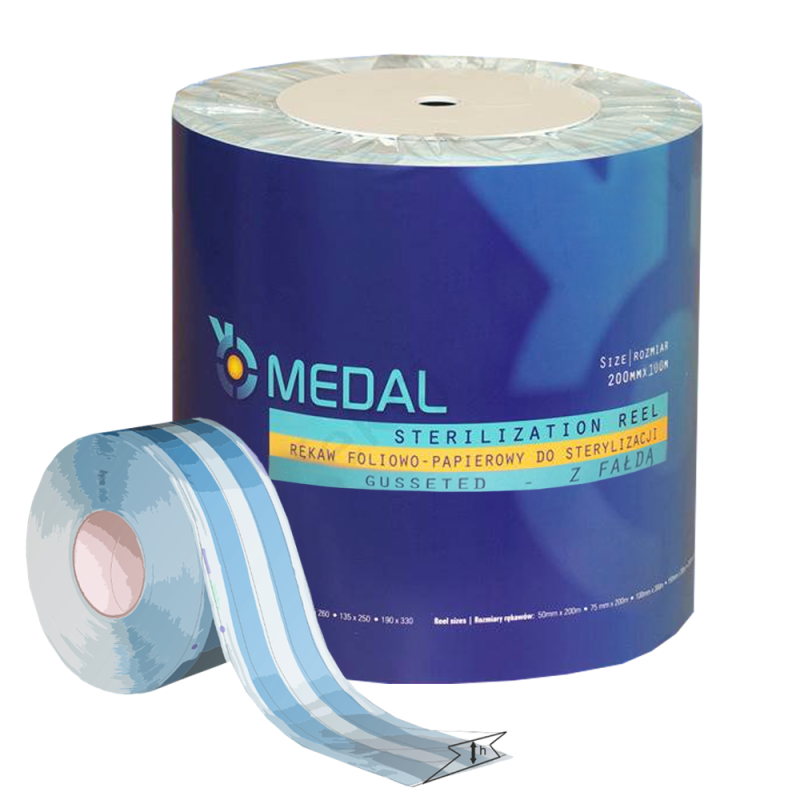 Rękaw do sterylizacji z fałdą 200mm x 100m 3 indykatory STEAM EO FORM papierowo-foliowe 1rolka