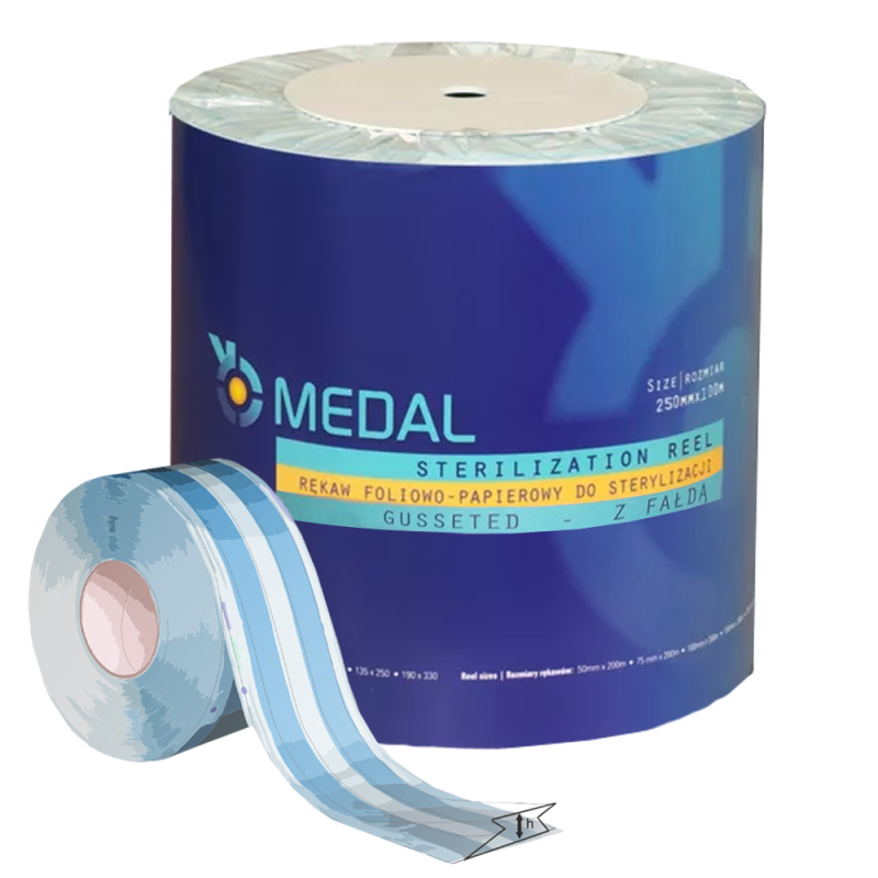 Rękaw do sterylizacji z fałdą 250mm x 100m 3 indykatory STEAM EO FORM papierowo-foliowe 1rolka