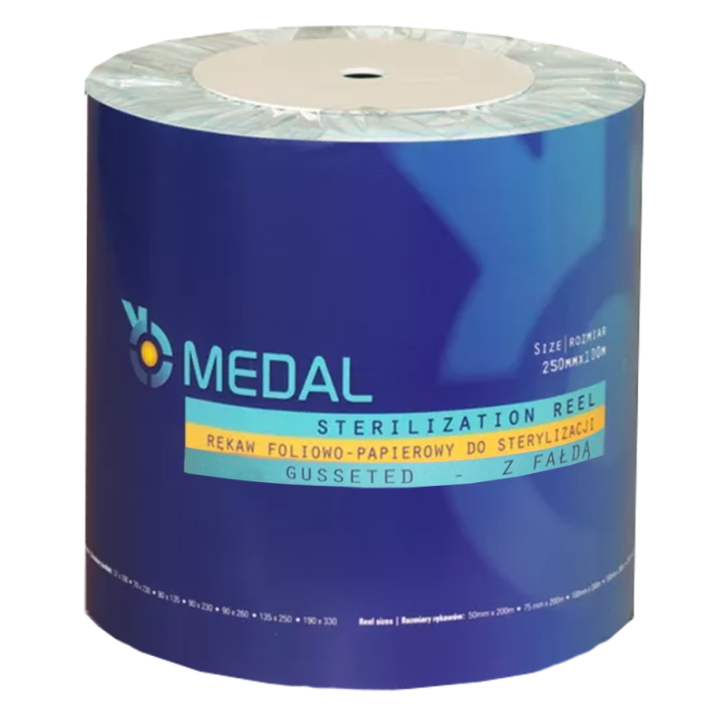 Rękaw do sterylizacji z fałdą 250mm x 100m 3 indykatory STEAM EO FORM papierowo-foliowe 1rolka