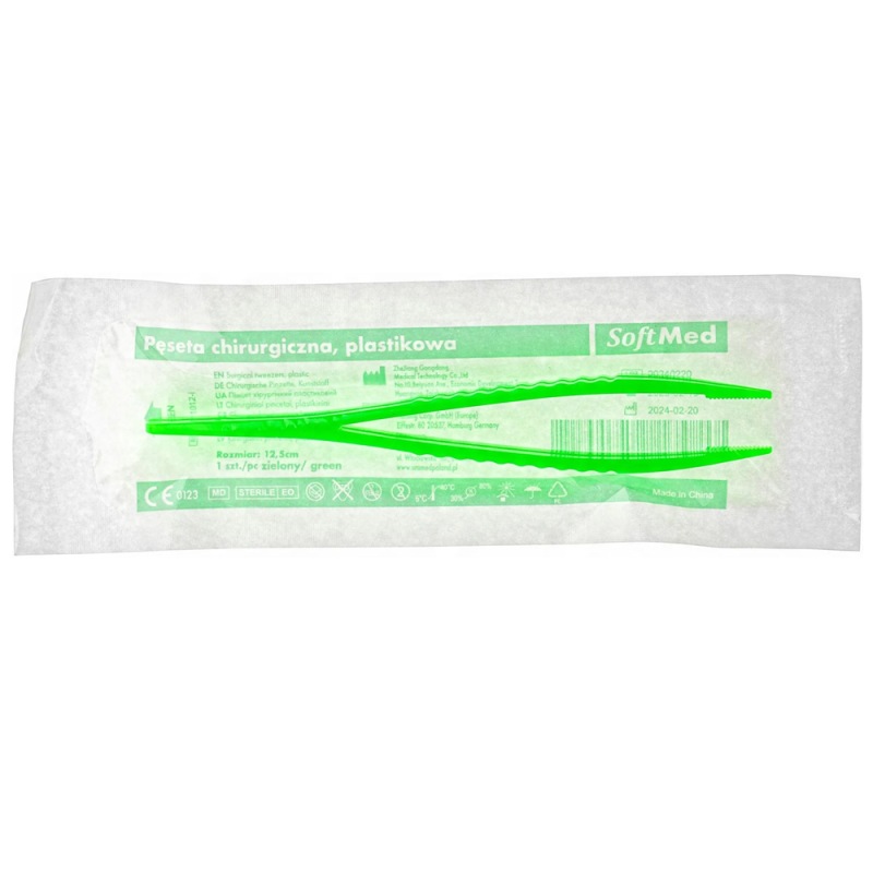 Pęseta anatomiczna jałowa 12,5cm plastikowa zielona Softmed 100 szt