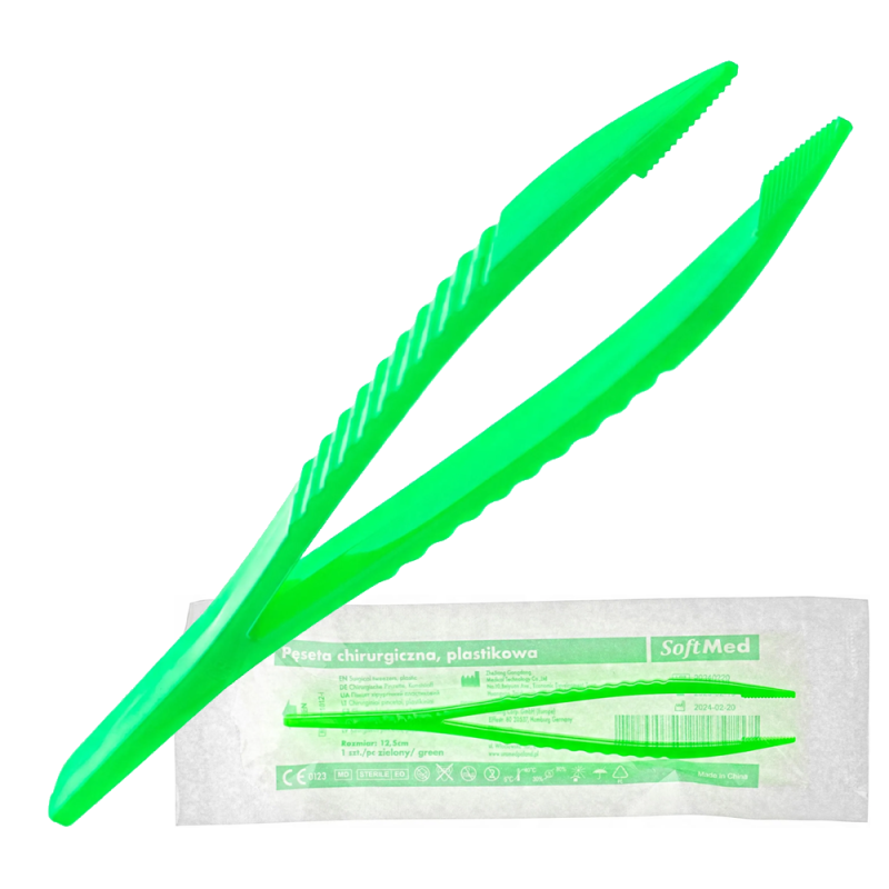 Pęseta anatomiczna jałowa 12,5cm plastikowa zielona Softmed 100 szt