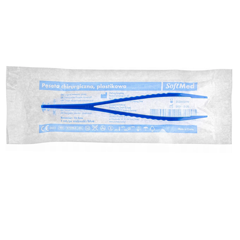 Pęseta chirurgiczna jałowa 12,5cm plastikowa niebieska Softmed 100 szt