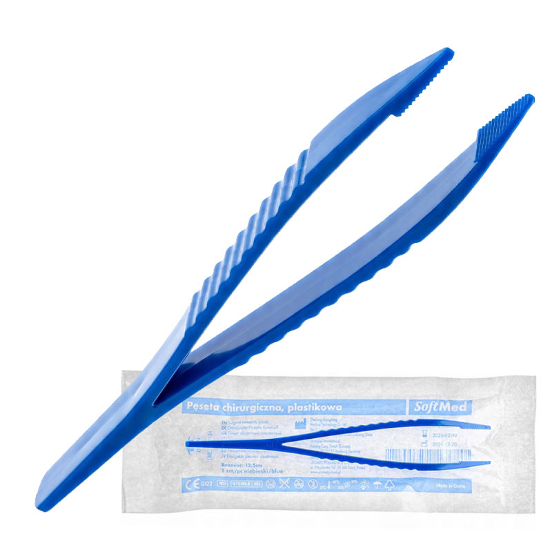 Pęseta chirurgiczna jałowa 12,5cm plastikowa niebieska Softmed 100 szt
