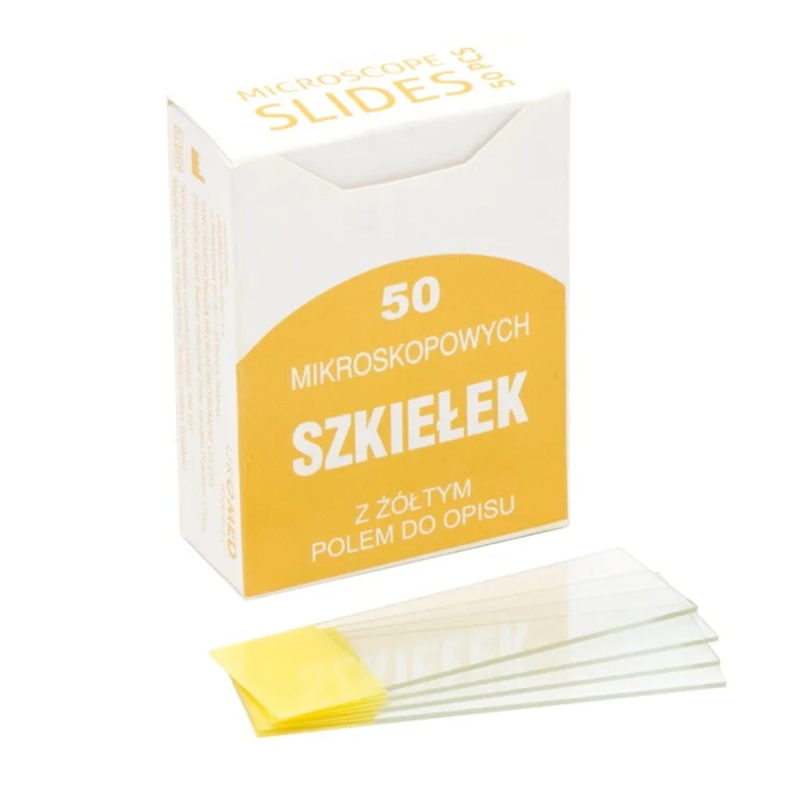 Szkiełka podstawowe do mikroskopu z ż&oacute;łtym polem opisu 50szt