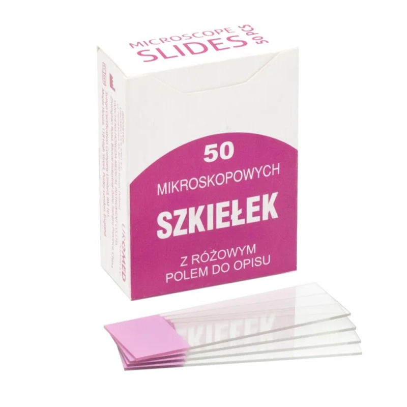 Szkiełka podstawowe do mikroskopu z r&oacute;żowym polem opisu 50szt