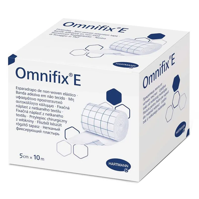 Przylepiec Omnifix E 5cm x 10m elastyczny plaster wł&oacute;kninowy na rolce do mocowania opatrunk&oacute;w 1rolka