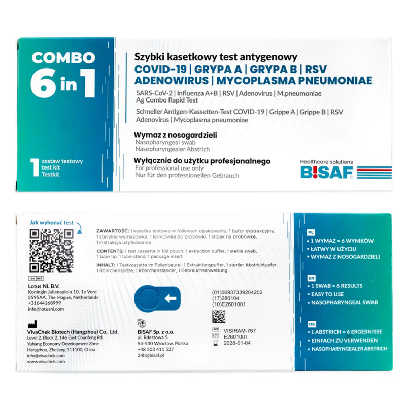Combo test 6w1 na RSV / grypa A / grypa B / SARS-COV / Adenowirus / Mycoplasma Pneumoniae 1szt