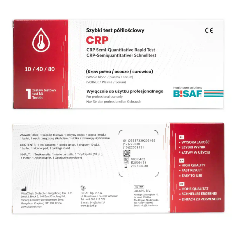 Test CRP kasetkowy do p&oacute;łilościowego oznaczenia białka CRP diagnostyka stanu zapalnego 100szt