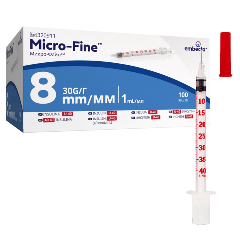 Strzykawka insulinowa z wtopiona igłą1ml U-40 G30 (0,30X8) BD Embecta Micro Fine 100szt