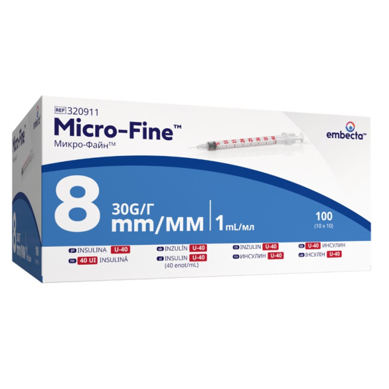 Strzykawka insulinowa z wtopiona igłą1ml U-40 G30 (0,30X8) BD Embecta Micro Fine 100szt