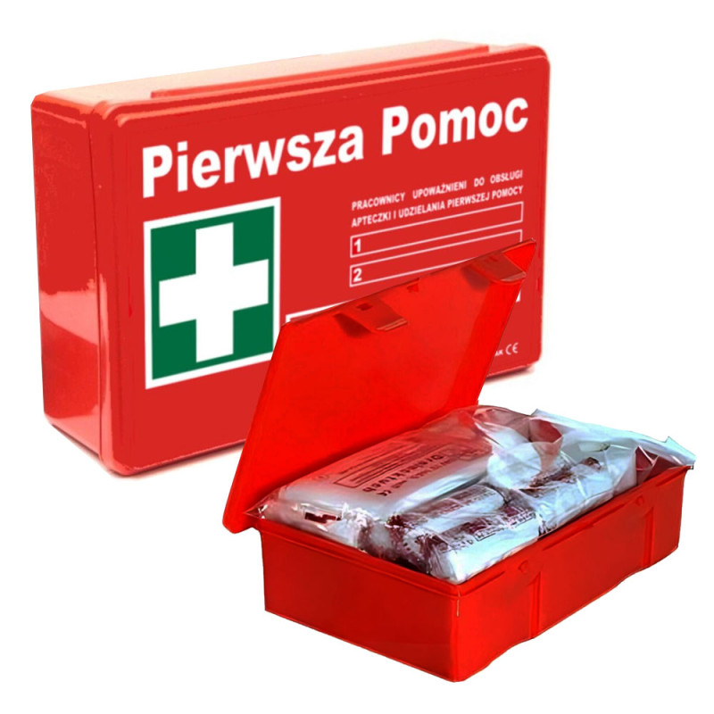 Apteczka zakładowa DIN 13157 PLUS z wyposażeniem pierwszej pomocy BHP + stelaż mocujący 1szt