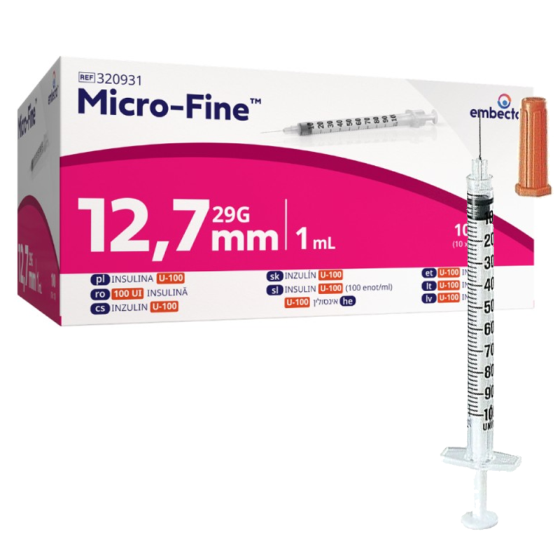 Strzykawka insulinowa z igłą wtopioną 1ml U-100 G29 (0,33X12,7) BD Embecta Micro Fine 100szt