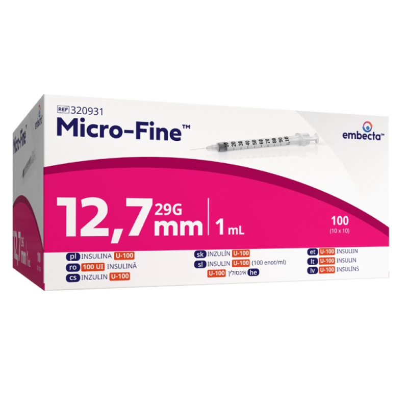 Strzykawka insulinowa z igłą wtopioną 1ml U-100 G29 (0,33X12,7) BD Embecta Micro Fine 100szt